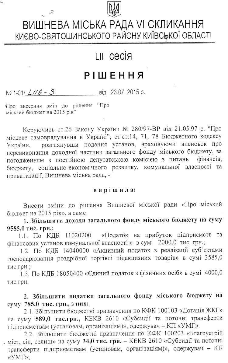  РІШЕННЯ LII СЕСІЇ VI СКЛИКАННЯ від 23.07.2015 року